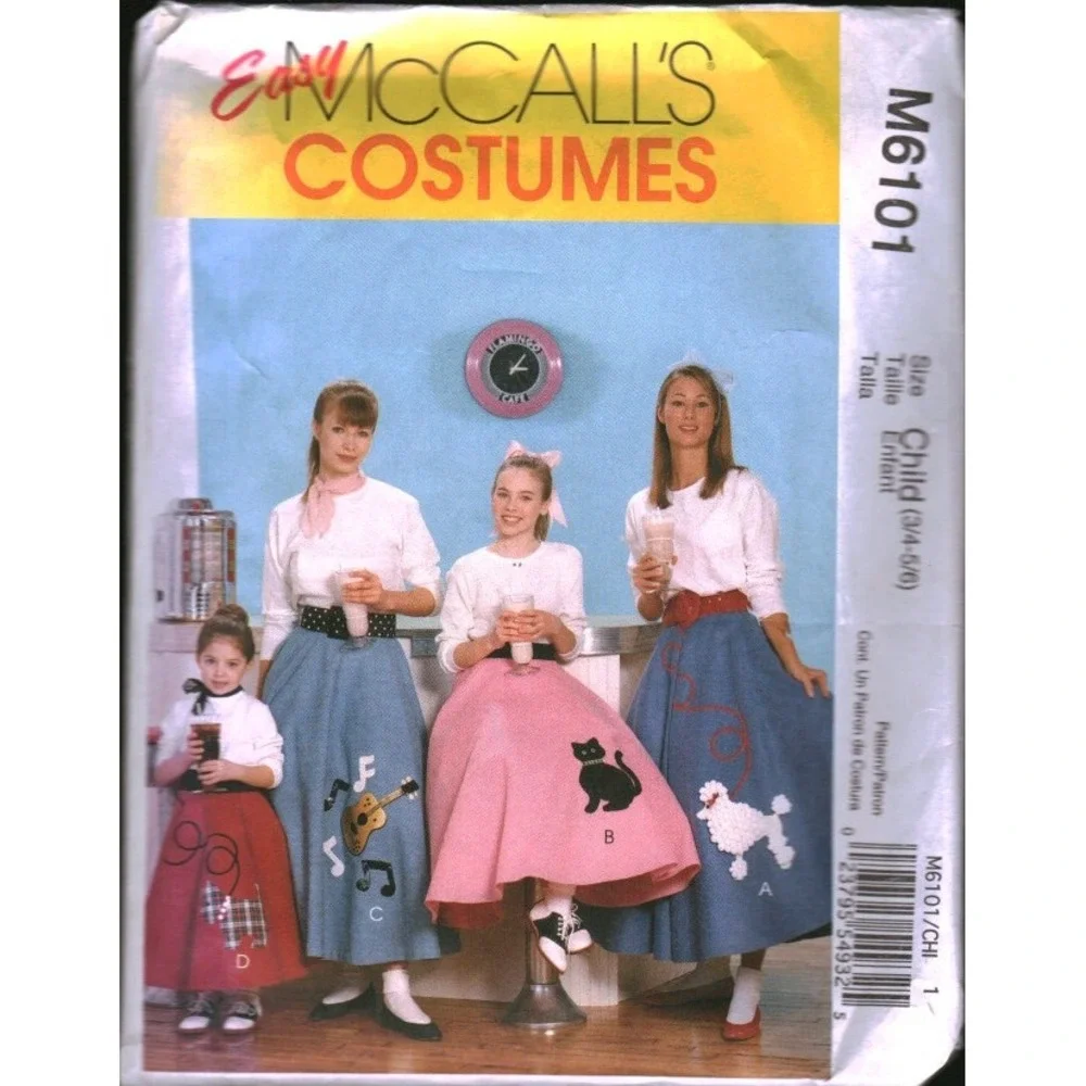 McCalls M6101 50s Poodle Skirt Sewing Pattern Child Girls 3/4 Retro DIY